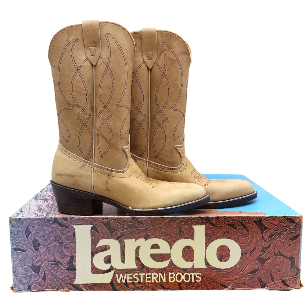Laredo Western Boots Kids 4.5 D Vintage Natural Tan Leather Cowboy 28-01715 NAT